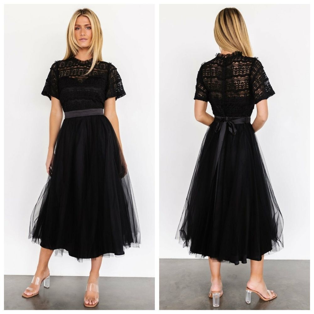 Baltic Born Darcy Black Lace Tulle Midi Dress